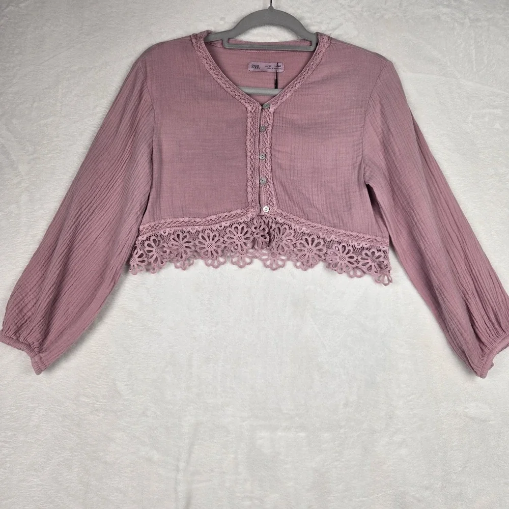NWT Zara Womens Pink Lace Cropped Blouse Size 10 Long Sleeve Cropped